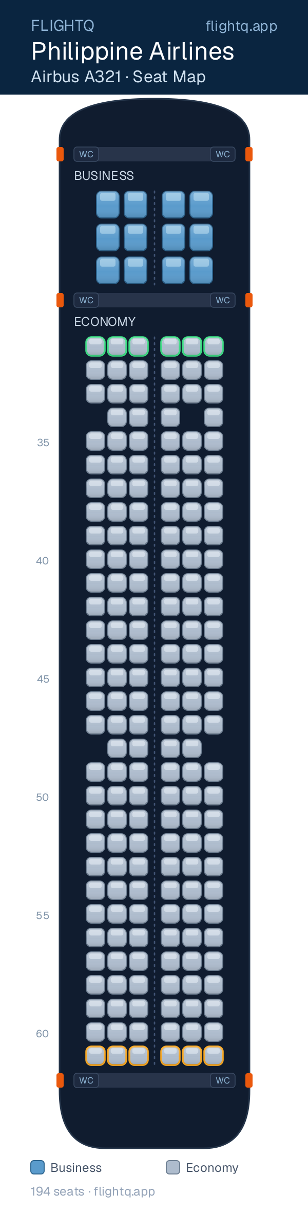 Philippine Airlines Airbus A321 seat map with 194 seats across 2 cabins — best seats and rows to avoid