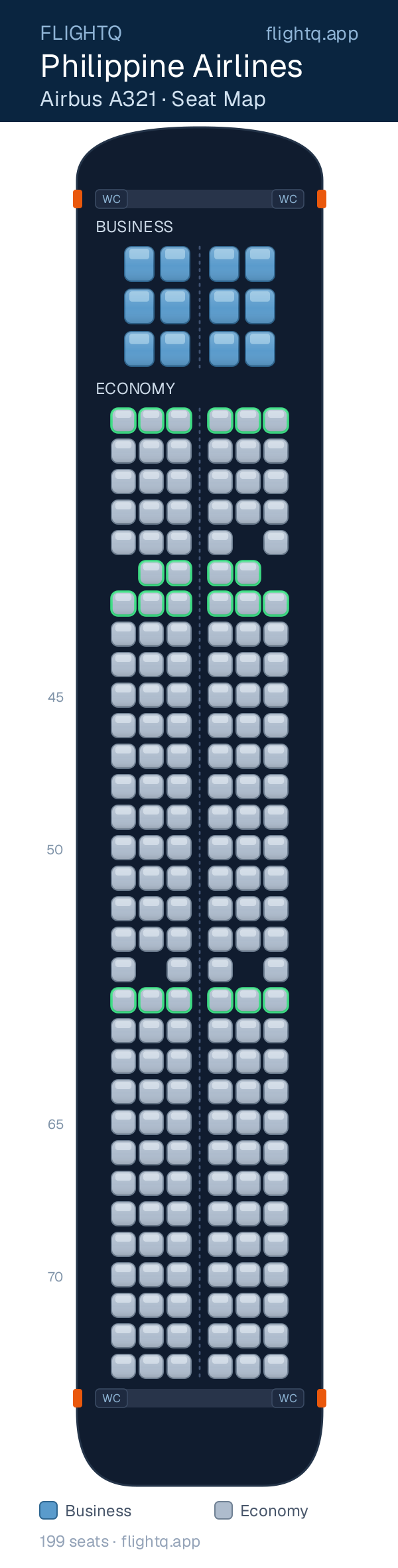 Philippine Airlines Airbus A321 seat map with 199 seats across 2 cabins — best seats and rows to avoid