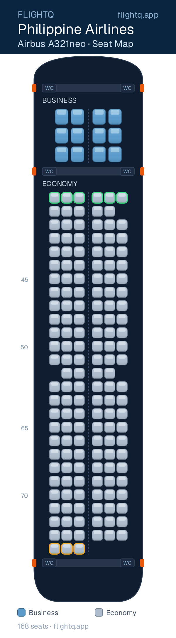 Philippine Airlines Airbus A321neo seat map with 168 seats across 2 cabins — best seats and rows to avoid