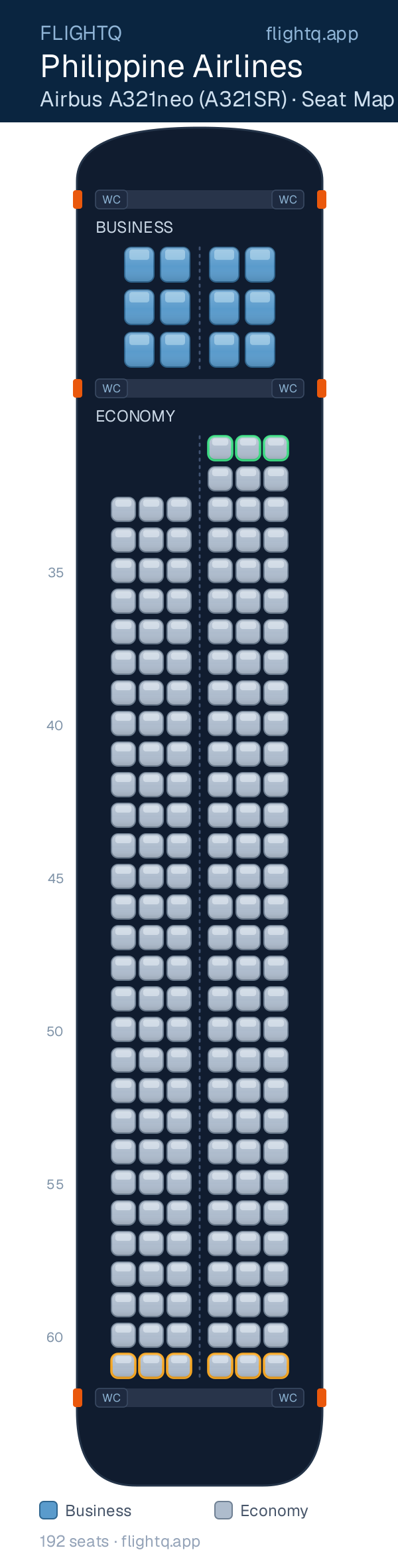 Philippine Airlines Airbus A321neo seat map with 192 seats across 2 cabins — best seats and rows to avoid