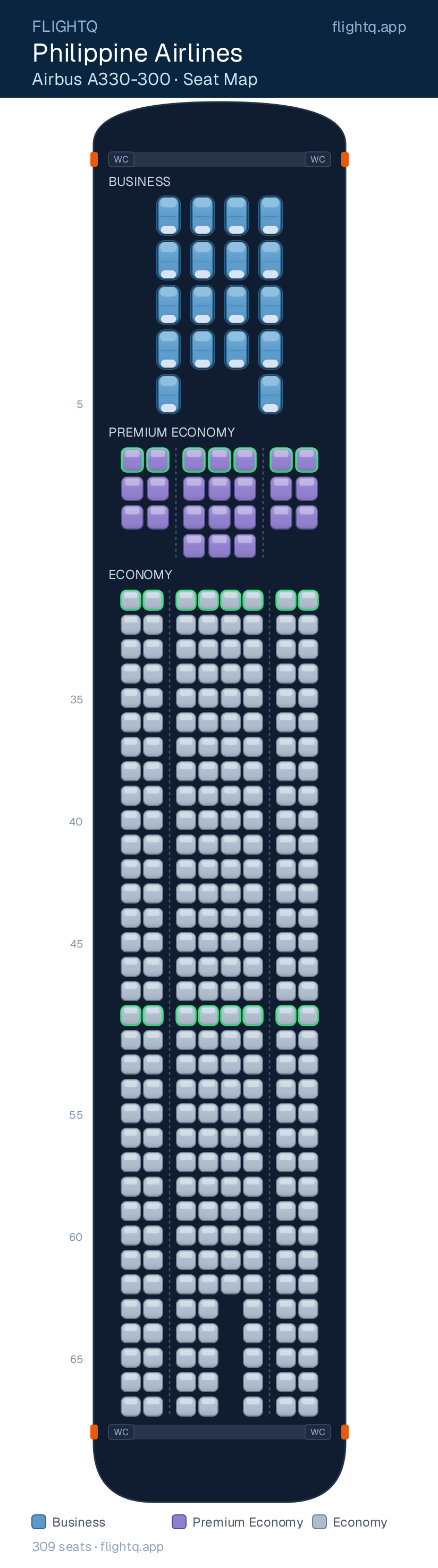 Philippine Airlines Airbus A330-300 seat map with 309 seats across 3 cabins — best seats and rows to avoid
