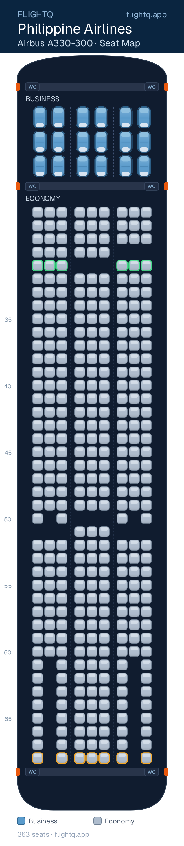Philippine Airlines Airbus A330-300 seat map with 363 seats across 2 cabins — best seats and rows to avoid