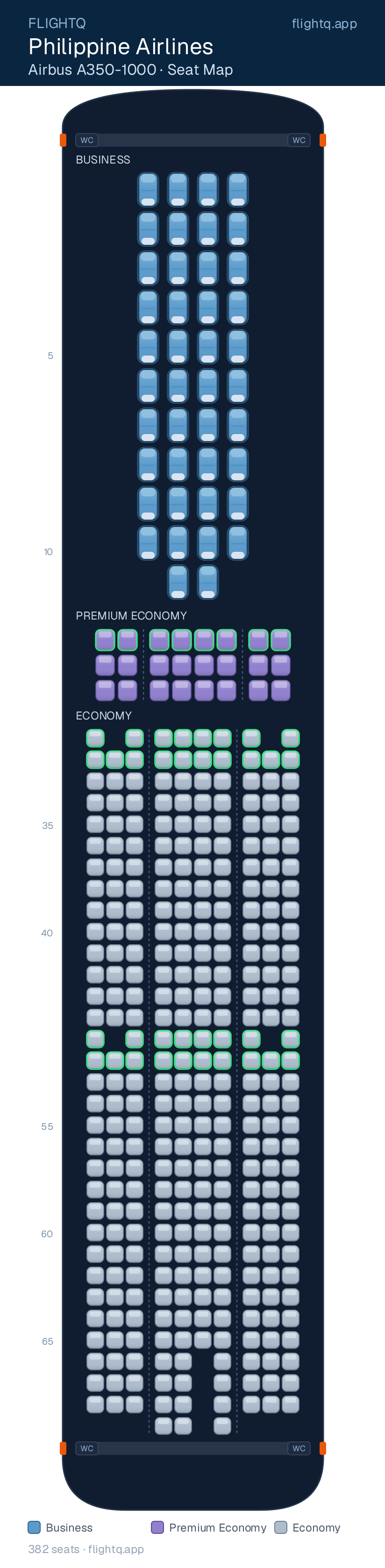 Philippine Airlines Airbus A350-1000 seat map with 382 seats across 3 cabins — best seats and rows to avoid