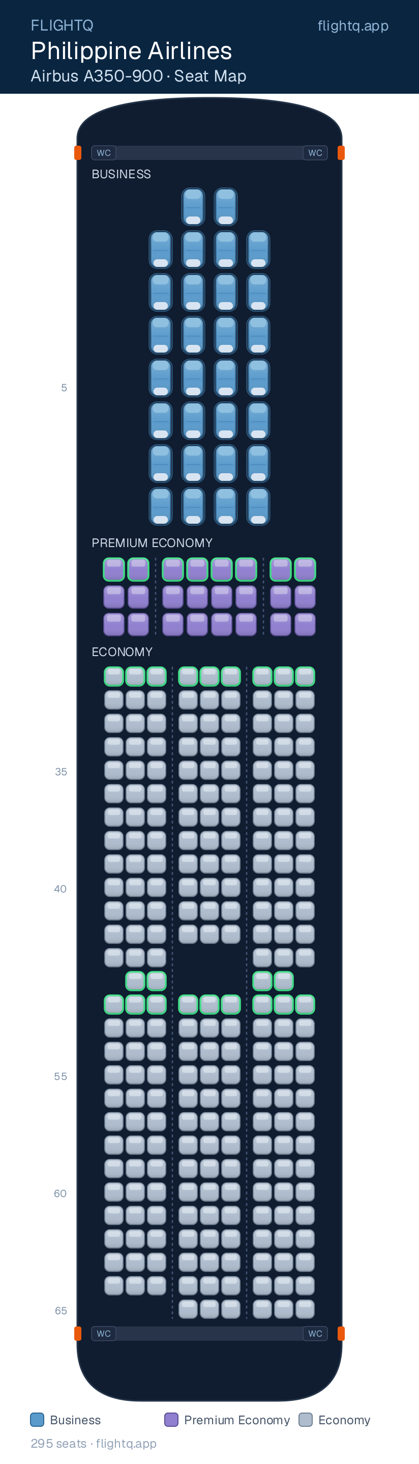 Philippine Airlines Airbus A350-900 seat map with 295 seats across 3 cabins — best seats and rows to avoid