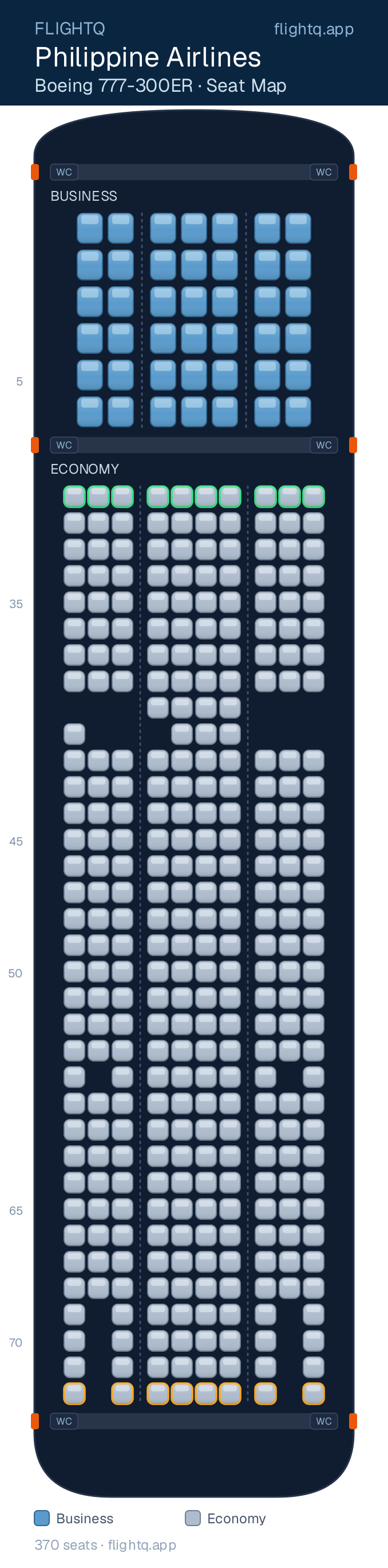 Philippine Airlines Boeing 777-300ER seat map with 370 seats across 2 cabins — best seats and rows to avoid