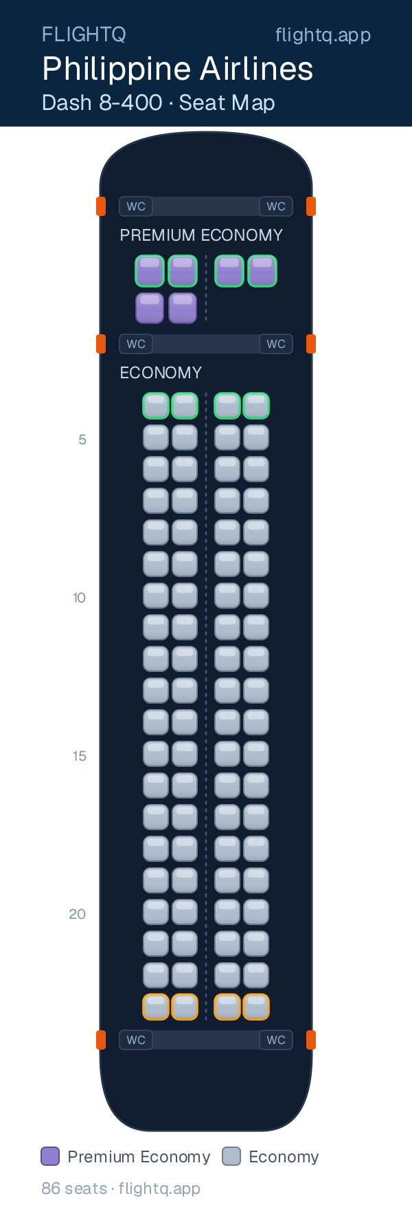 Philippine Airlines De Havilland Dash 8-400 seat map with 86 seats across 2 cabins — rows to avoid