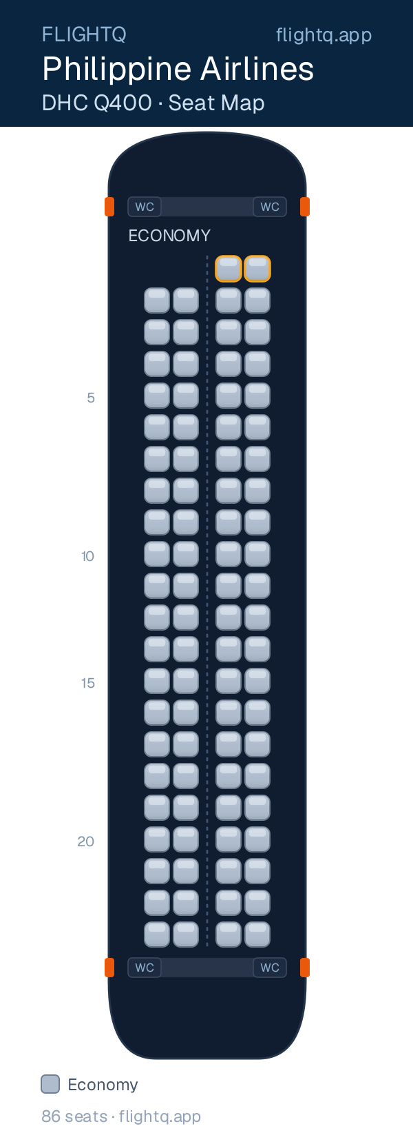 Philippine Airlines DHC Q400 seat map with 86 seats — best seats and rows to avoid