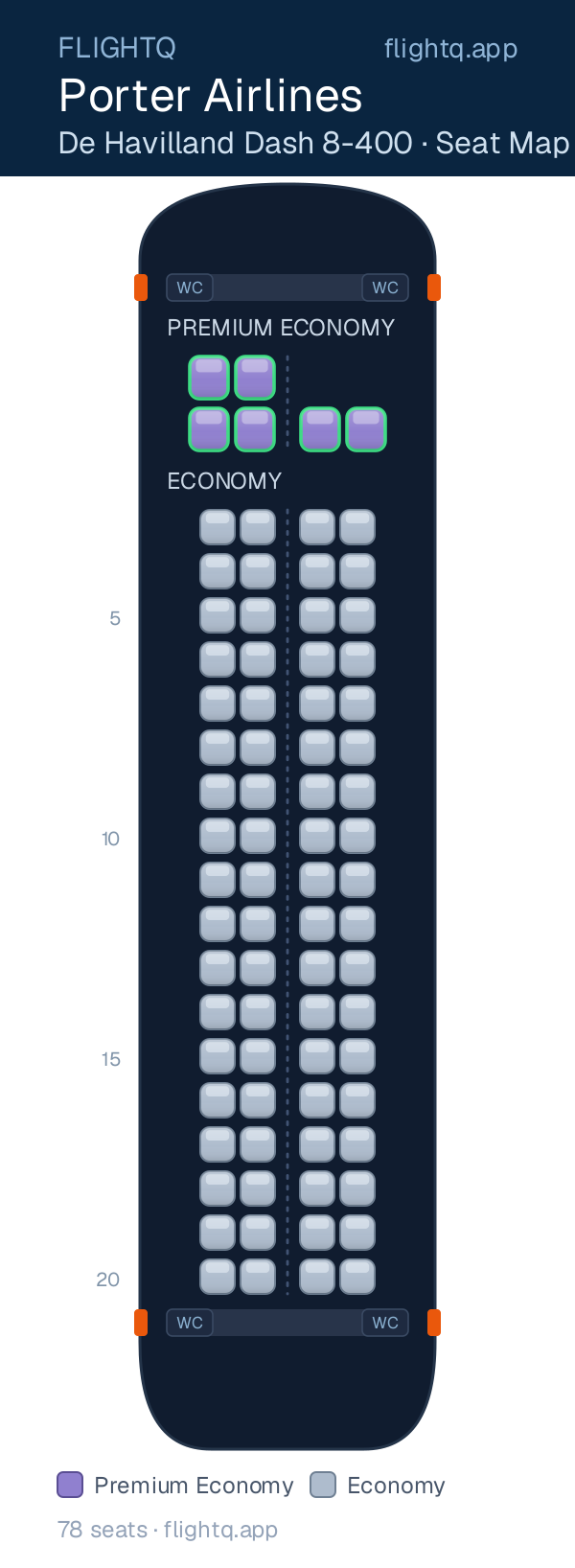 Porter Airlines De Havilland Dash 8-400 seat map with 78 seats across 2 cabins — best-seat rows