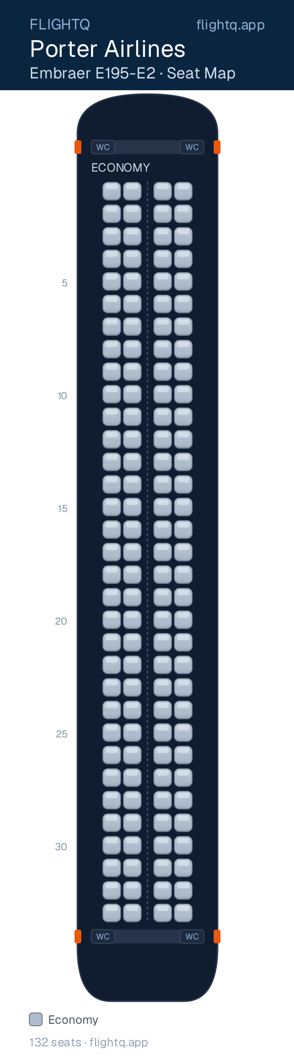 Porter Airlines Embraer E195-E2 seat map with 132 seats — best seats and rows to avoid