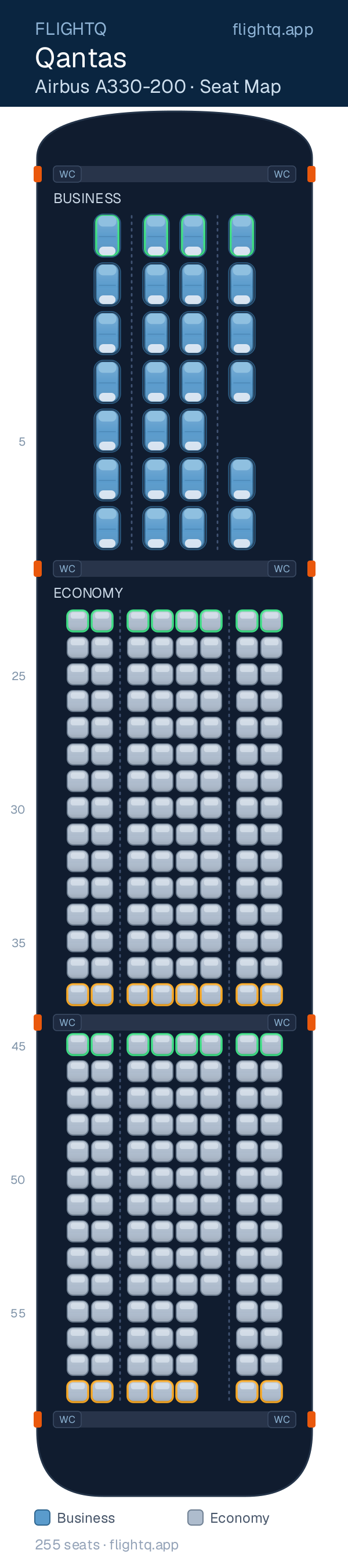 Qantas Airbus A330-200 seat map with 255 seats across 2 cabins — best seats and rows to avoid