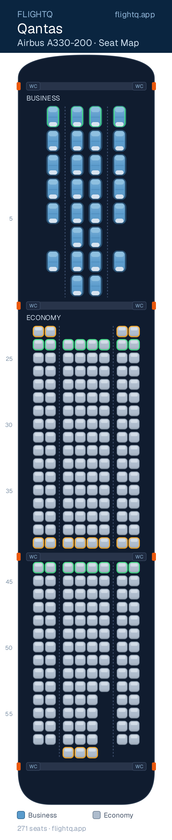 Qantas Airbus A330-200 seat map with 271 seats across 2 cabins — best seats and rows to avoid