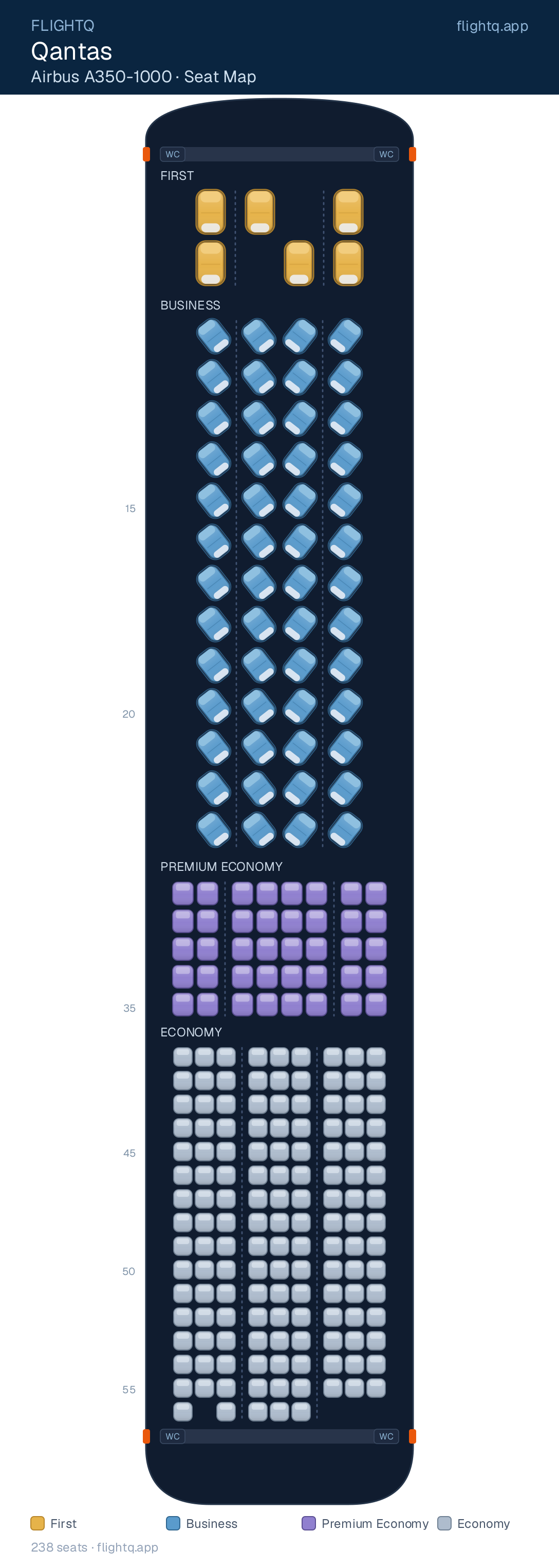 Qantas Airbus A350-1000 seat map with 238 seats across 4 cabins — best seats and rows to avoid
