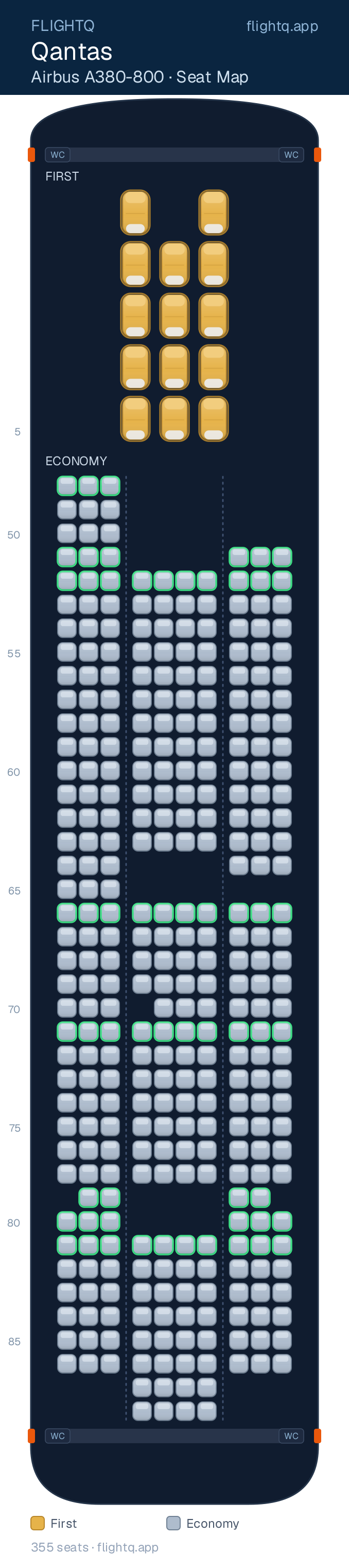 Qantas Airbus A380-800 seat map with 355 seats across 2 cabins — best seats and rows to avoid
