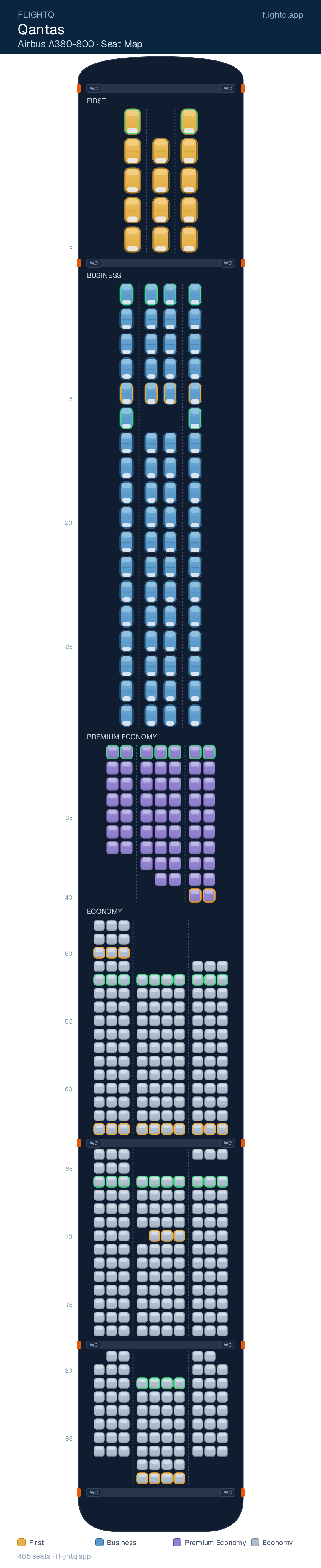 Qantas Airbus A380-800 seat map with 485 seats across 4 cabins — best seats and rows to avoid