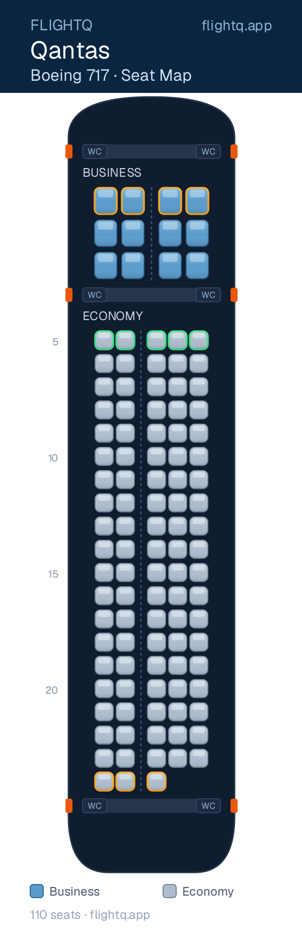 Qantas Boeing 717-200 seat map with 110 seats across 2 cabins — best seats and rows to avoid