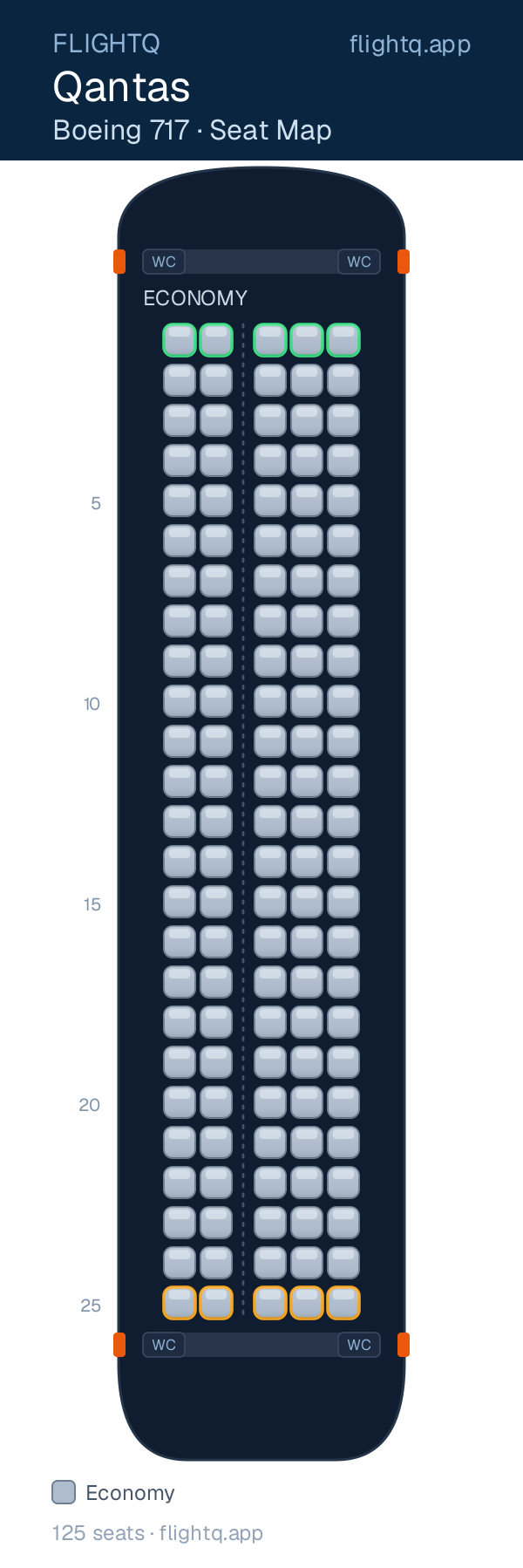 Qantas Boeing 717-200 seat map with 125 seats — best seats and rows to avoid