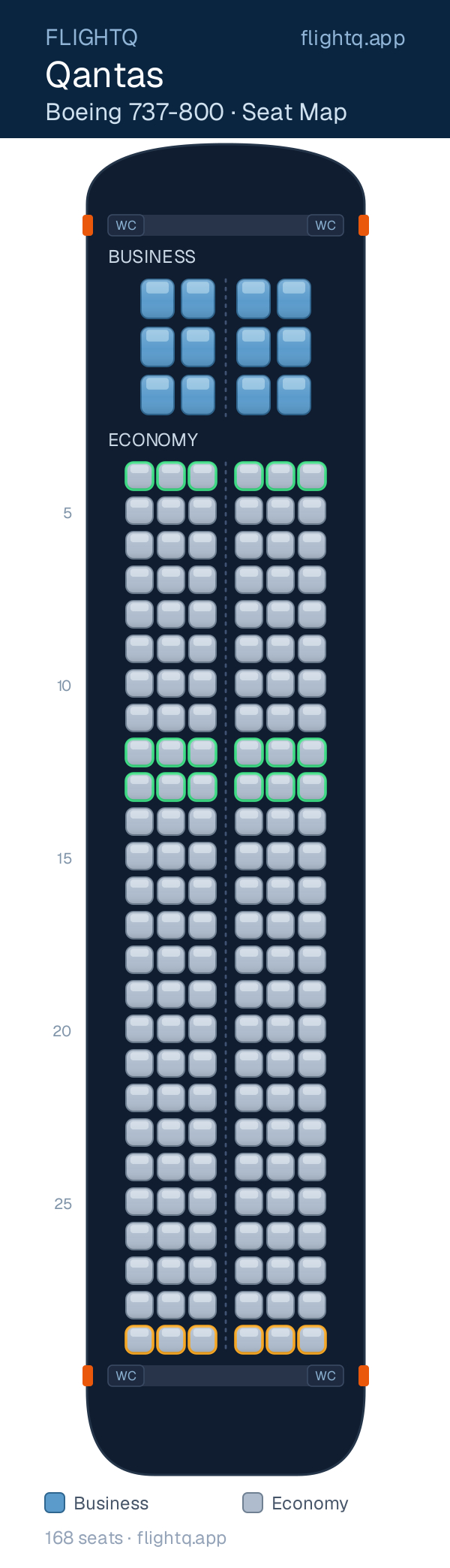 Qantas Boeing 737-800 seat map with 168 seats across 2 cabins — best seats and rows to avoid
