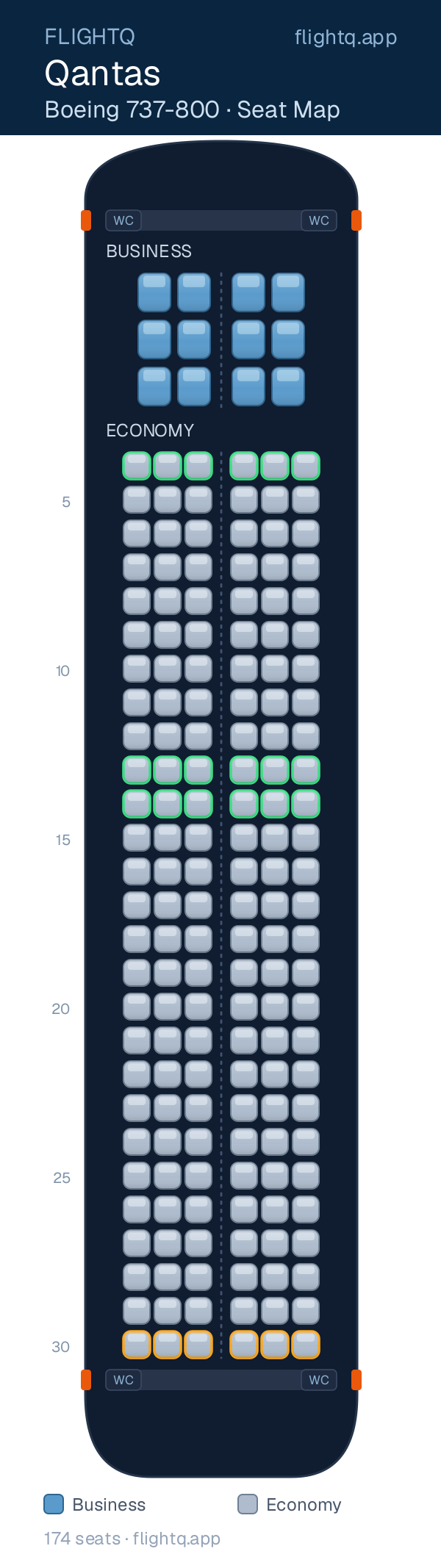Qantas Boeing 737-800 seat map with 174 seats across 2 cabins — best seats and rows to avoid