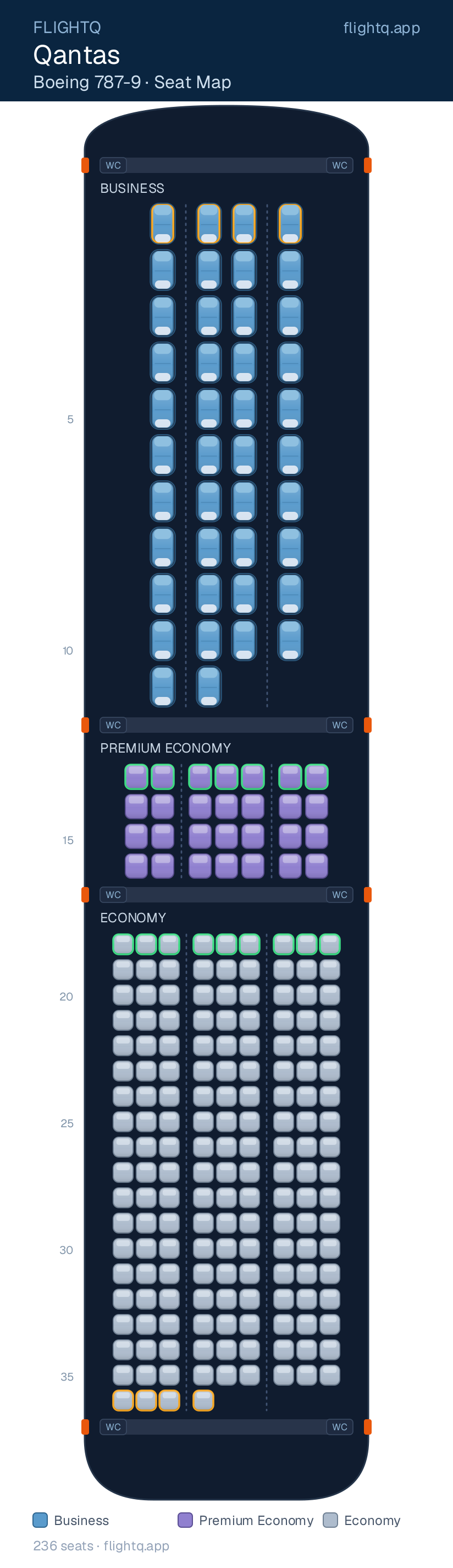 Qantas Boeing 787-9 Dreamliner seat map with 236 seats across 3 cabins — best seats and rows to avoid