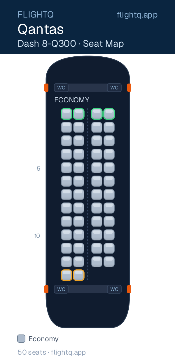 Qantas Dash 8-Q300 seat map with 50 seats — best seats and rows to avoid