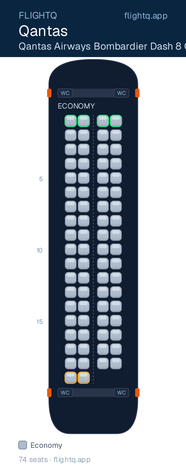 Qantas De Havilland Dash 8-400 seat map with 74 seats — best seats and rows to avoid