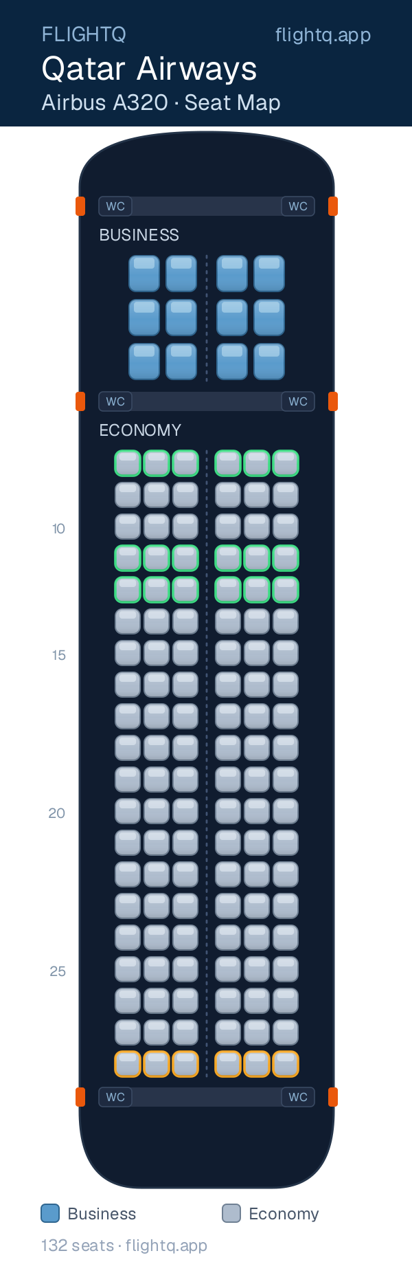 Qatar Airways Airbus A320 seat map with 132 seats across 2 cabins — best seats and rows to avoid