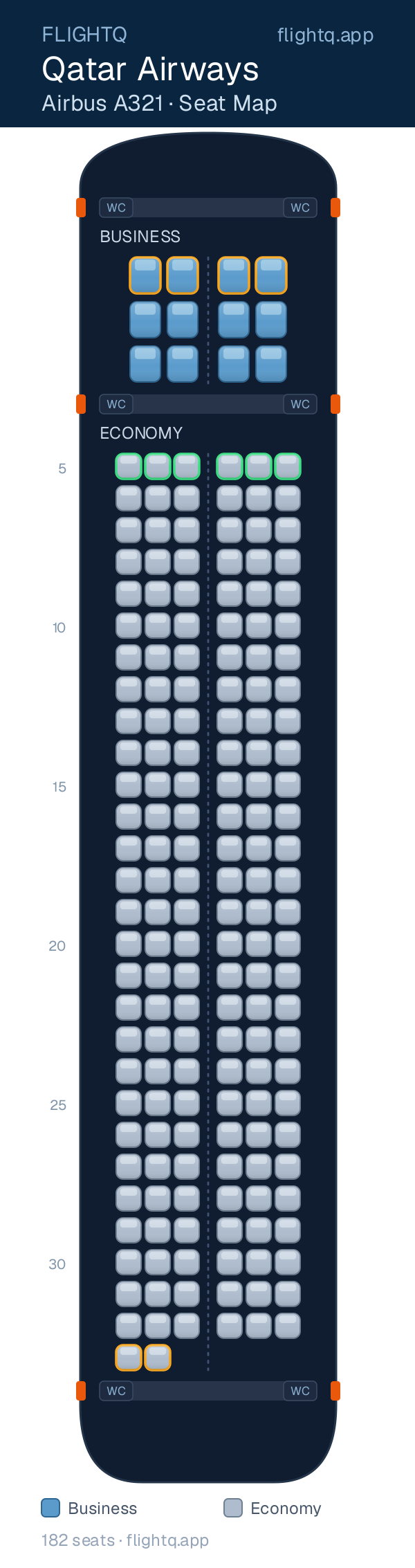 Qatar Airways Airbus A321 seat map with 182 seats across 2 cabins — rows to avoid