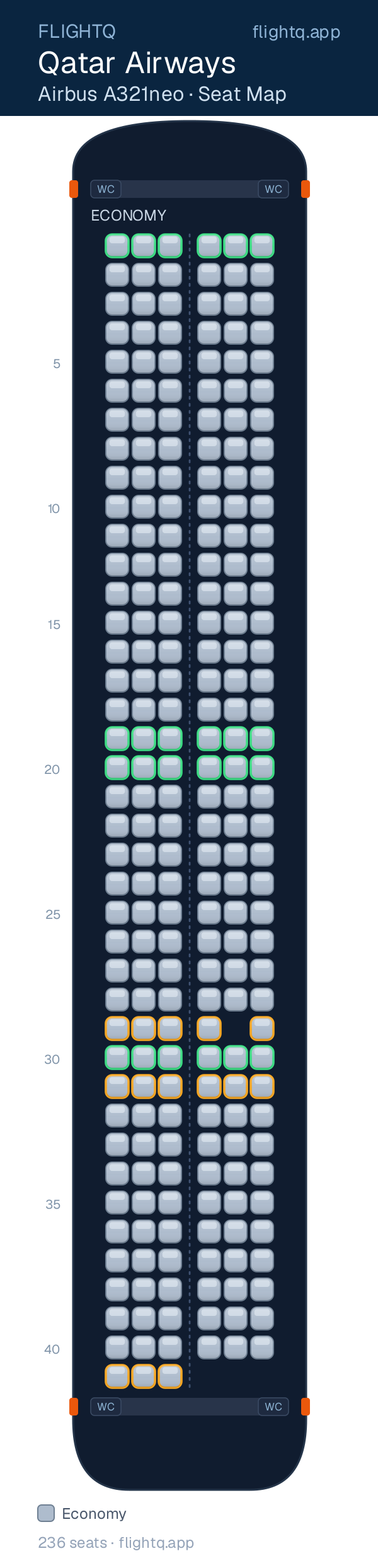Qatar Airways Airbus A321neo seat map with 236 seats — best seats and rows to avoid