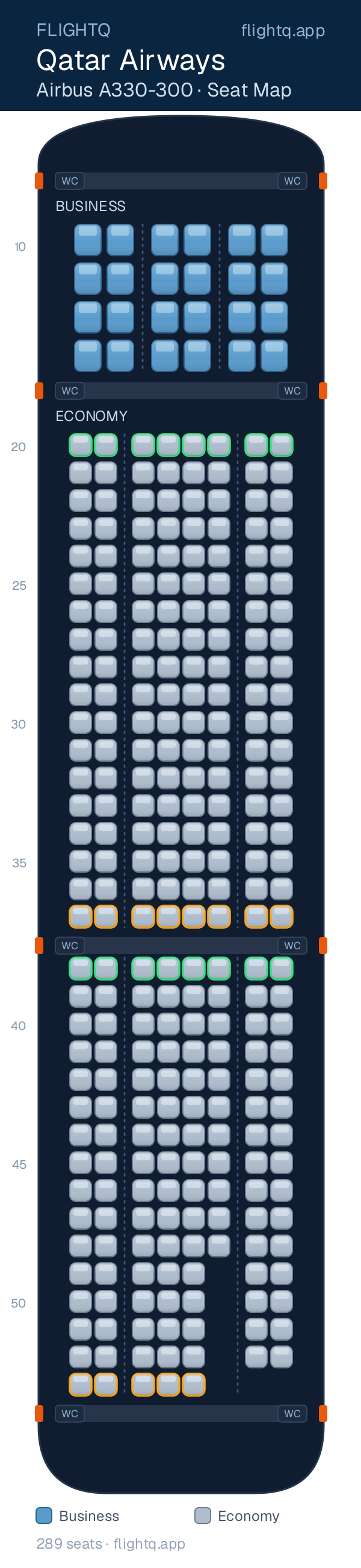 Qatar Airways Airbus A330-300 seat map with 289 seats across 2 cabins — best seats and rows to avoid
