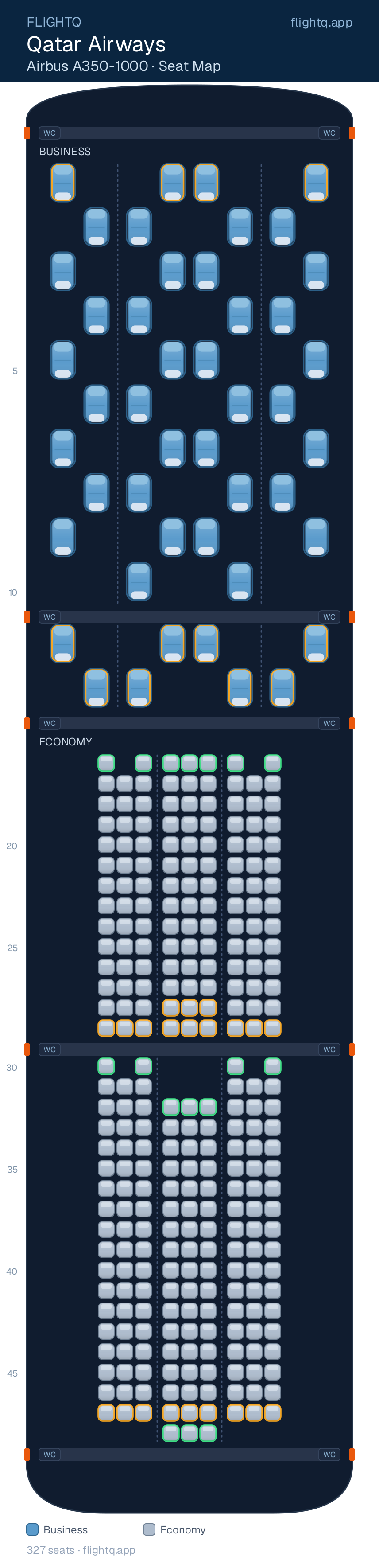 Qatar Airways Airbus A350-1000 seat map with 327 seats across 2 cabins — best seats and rows to avoid