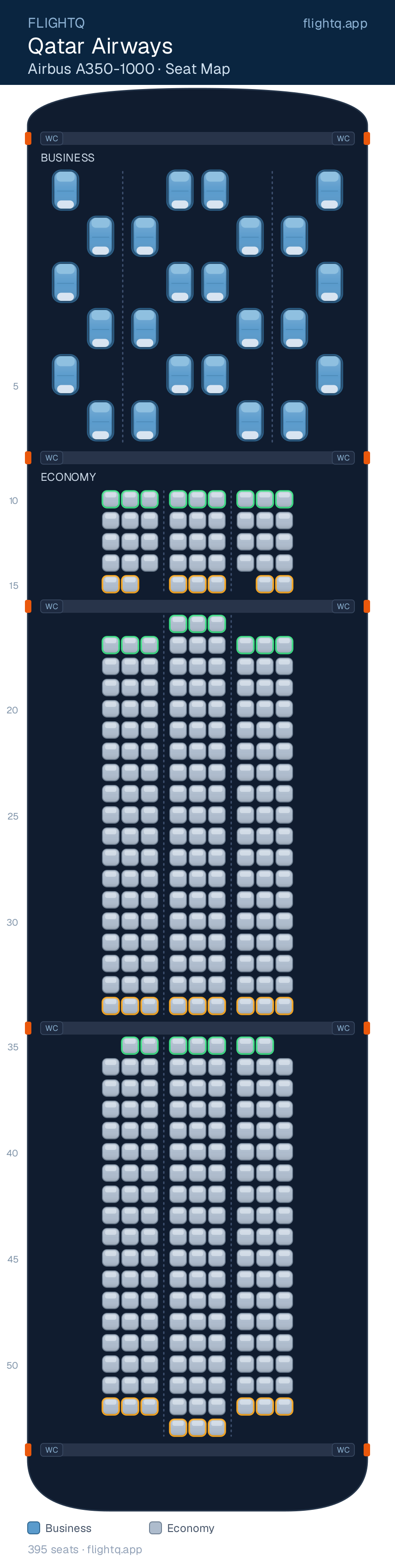 Qatar Airways Airbus A350-1000 seat map with 395 seats across 2 cabins — best seats and rows to avoid