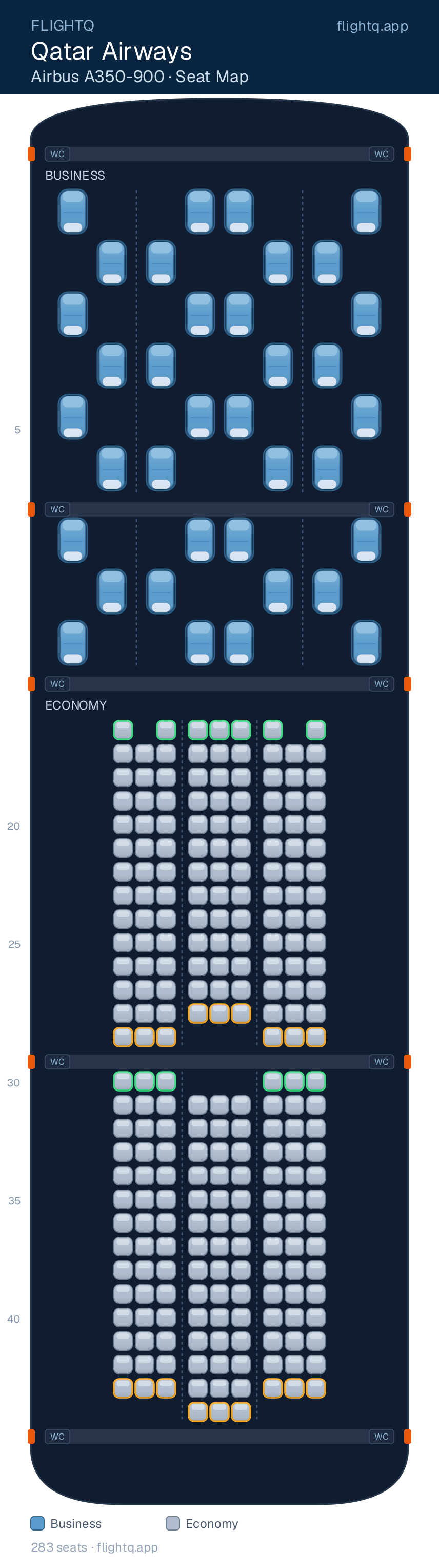 Qatar Airways Airbus A350-900 seat map with 283 seats across 2 cabins — best seats and rows to avoid