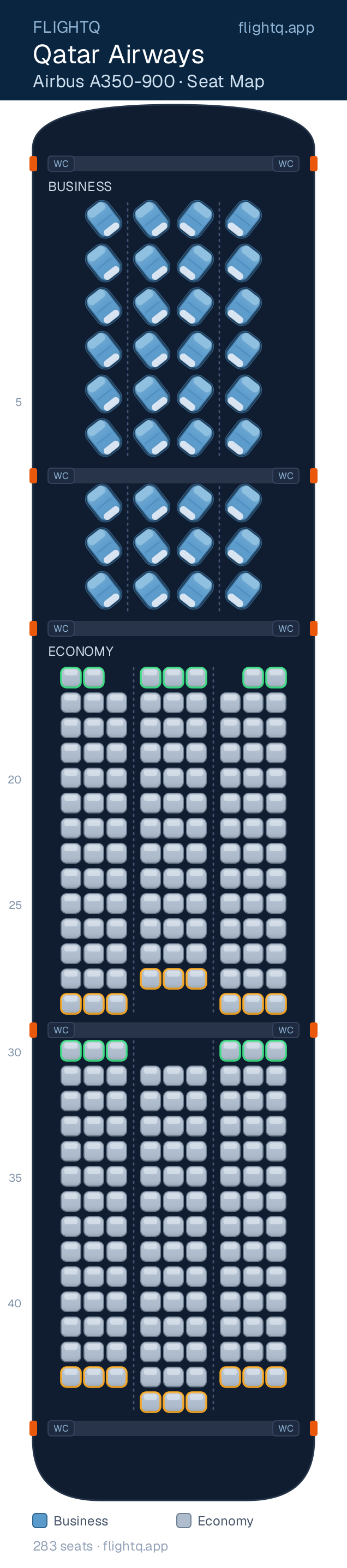 Qatar Airways Airbus A350-900 seat map with 283 seats across 2 cabins — best seats and rows to avoid