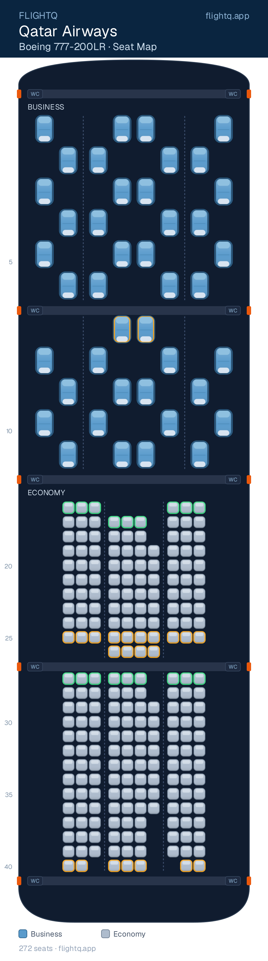Qatar Airways Boeing 777-200 seat map with 272 seats across 2 cabins — best seats and rows to avoid