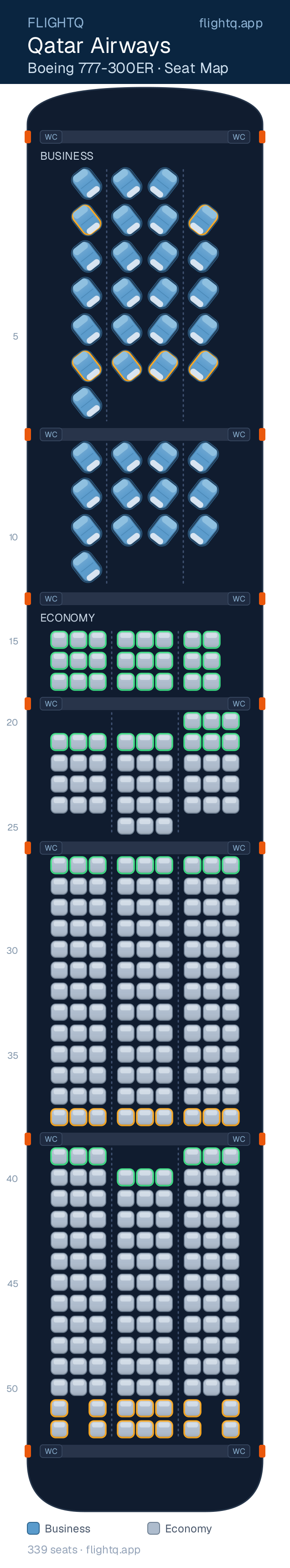 Qatar Airways Boeing 777-300ER seat map with 339 seats across 2 cabins — best seats and rows to avoid