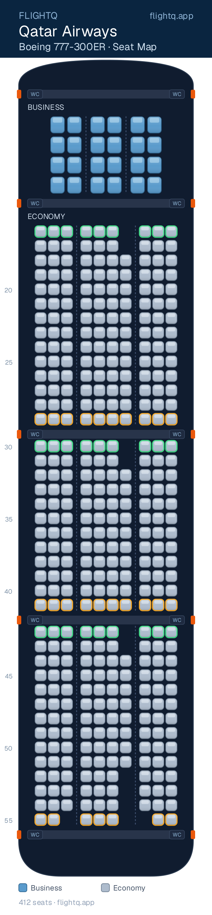 Qatar Airways Boeing 777-300ER seat map with 412 seats across 2 cabins — best seats and rows to avoid