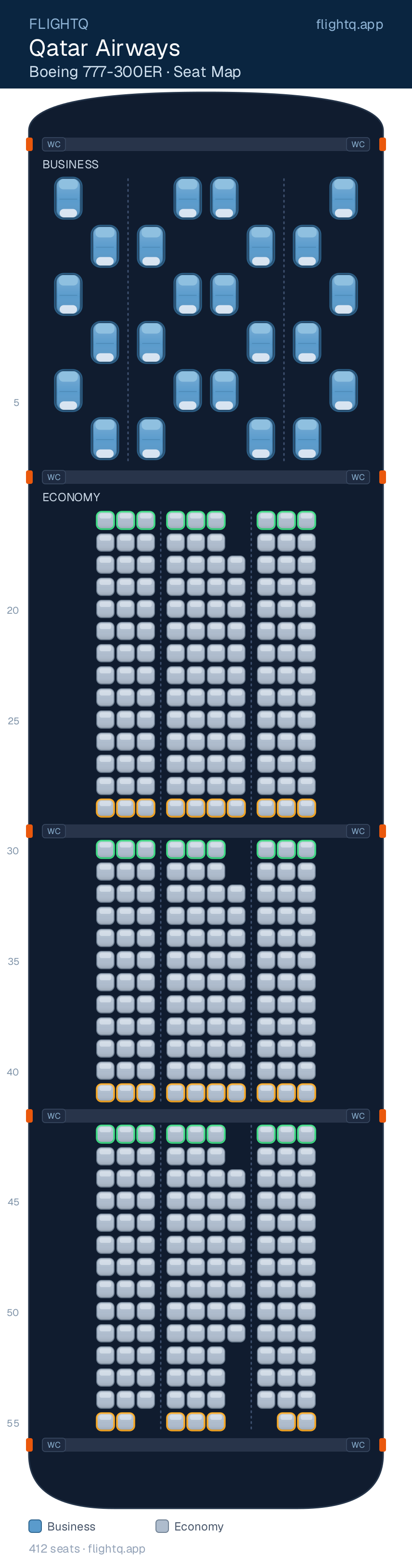 Qatar Airways Boeing 777-300ER seat map with 412 seats across 2 cabins — best seats and rows to avoid