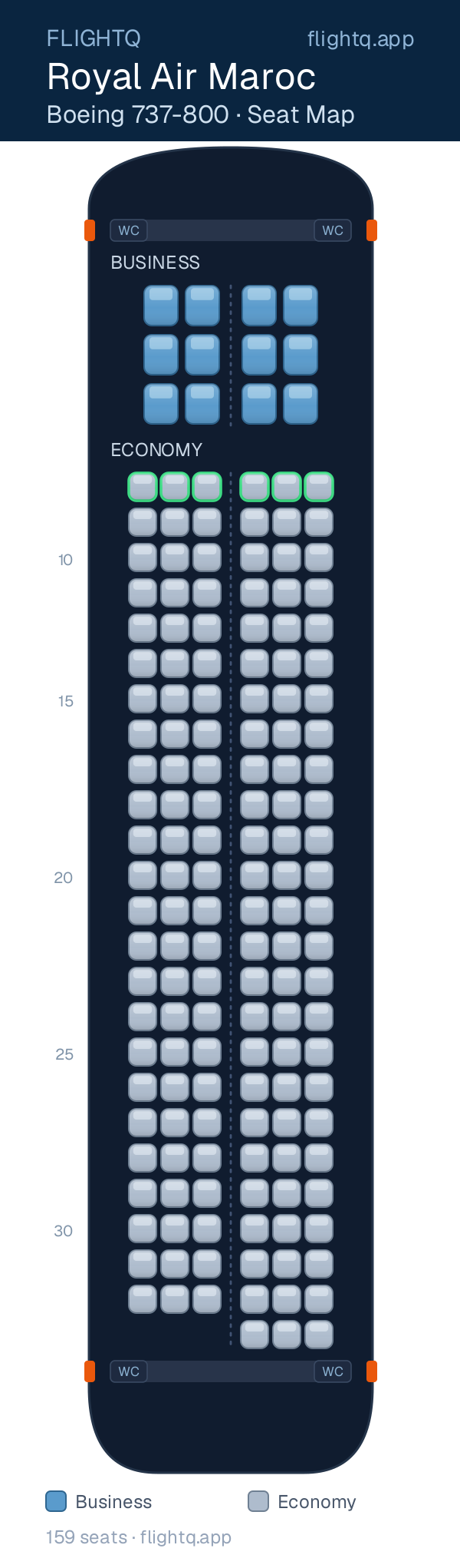 Royal Air Maroc Boeing 737-800 seat map with 159 seats across 2 cabins — best seats and rows to avoid