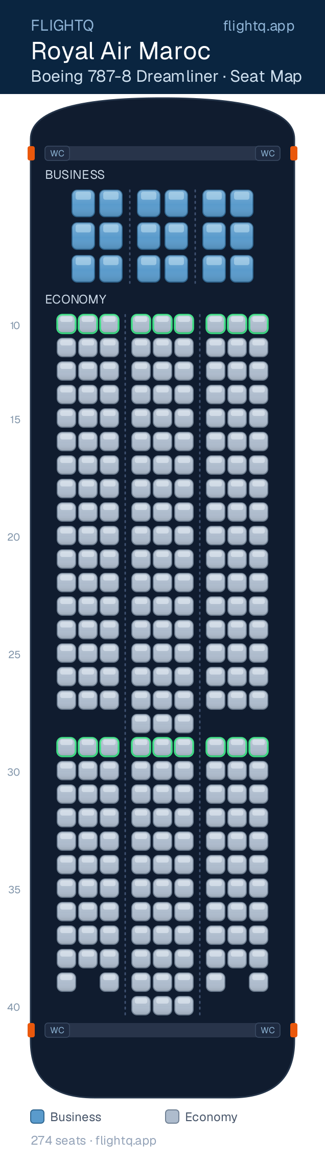 Royal Air Maroc Boeing 787-8 Dreamliner seat map with 274 seats across 2 cabins — best seats and rows to avoid