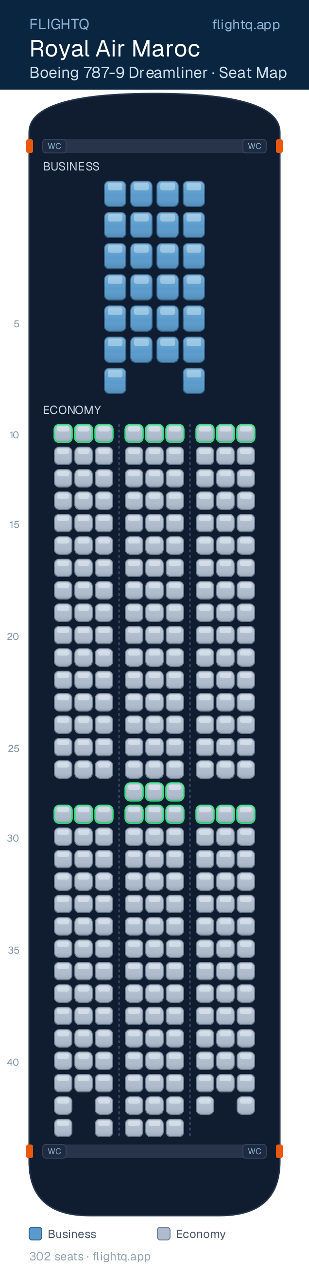 Royal Air Maroc Boeing 787-9 Dreamliner seat map with 302 seats across 2 cabins — best seats and rows to avoid