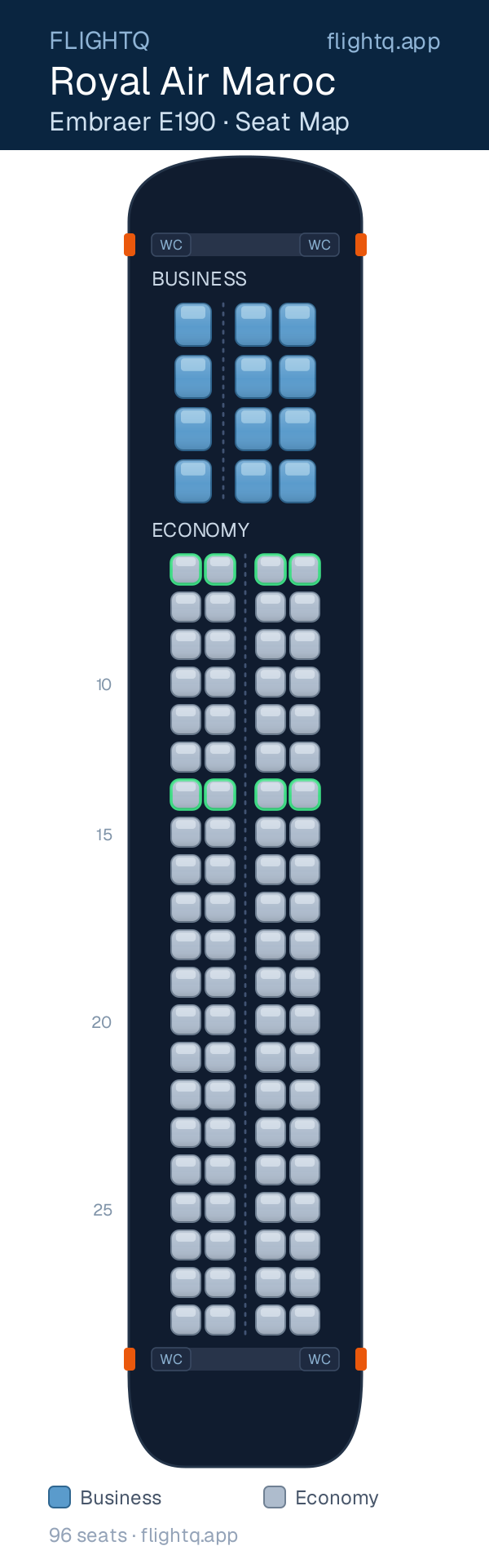 Royal Air Maroc Embraer E190 seat map with 96 seats across 2 cabins — best-seat rows