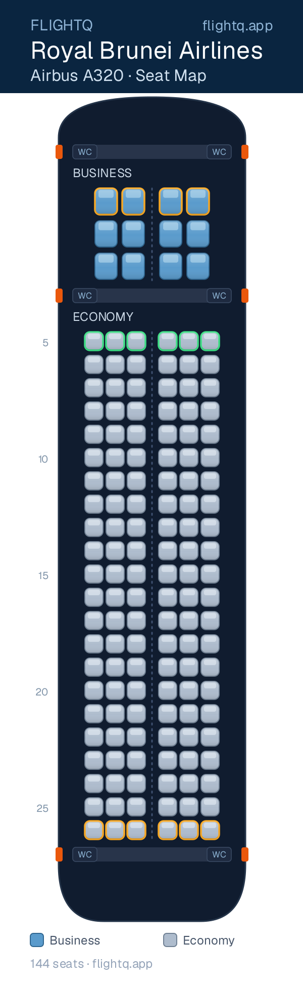 Royal Brunei Airlines Airbus A320 seat map with 144 seats across 2 cabins — best seats and rows to avoid