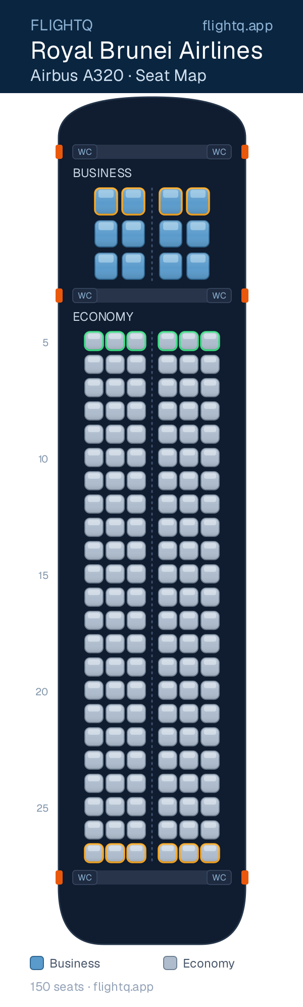 Royal Brunei Airlines Airbus A320 seat map with 150 seats across 2 cabins — best seats and rows to avoid