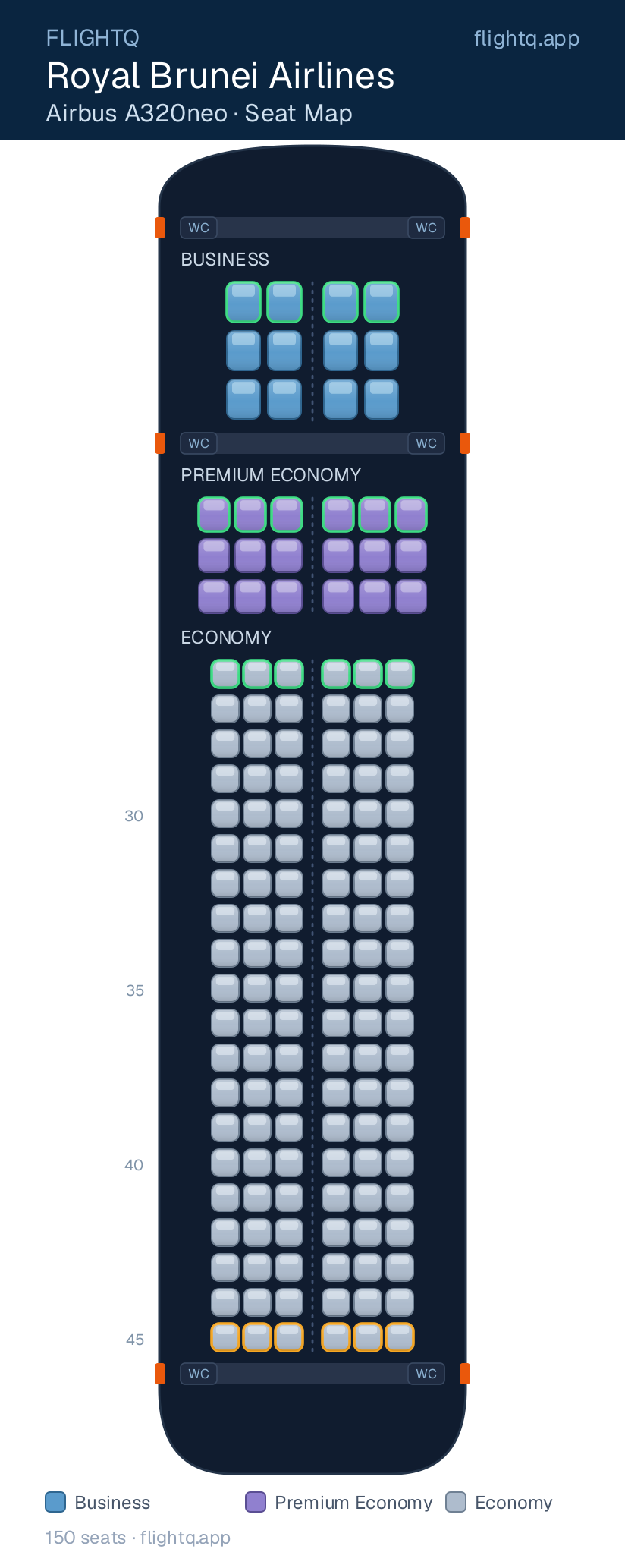 Royal Brunei Airlines Airbus A320neo seat map with 150 seats across 3 cabins — best seats and rows to avoid