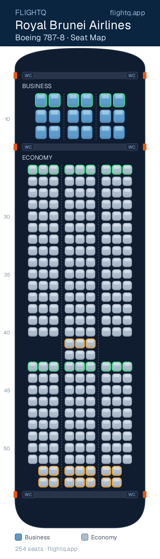 Royal Brunei Airlines Boeing 787-8 Dreamliner seat map with 254 seats across 2 cabins — best seats and rows to avoid