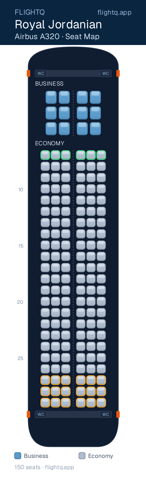 Royal Jordanian Airbus A320 seat map with 150 seats across 2 cabins — best seats and rows to avoid