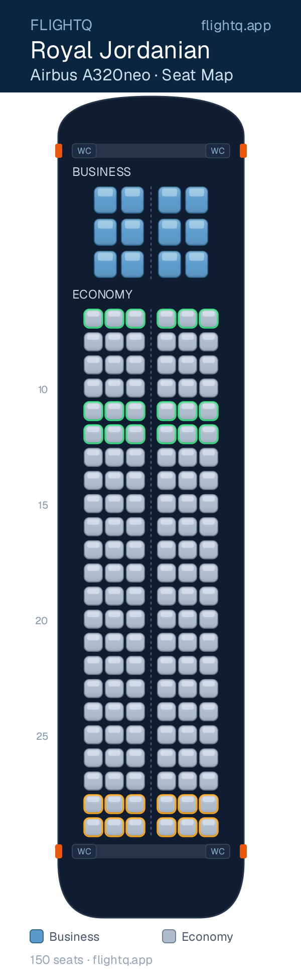 Royal Jordanian Airbus A320neo seat map with 150 seats across 2 cabins — best seats and rows to avoid
