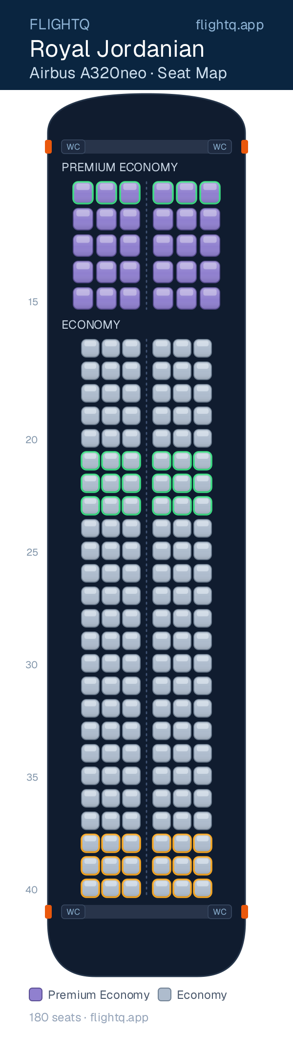 Royal Jordanian Airbus A320neo seat map with 180 seats across 2 cabins — best seats and rows to avoid