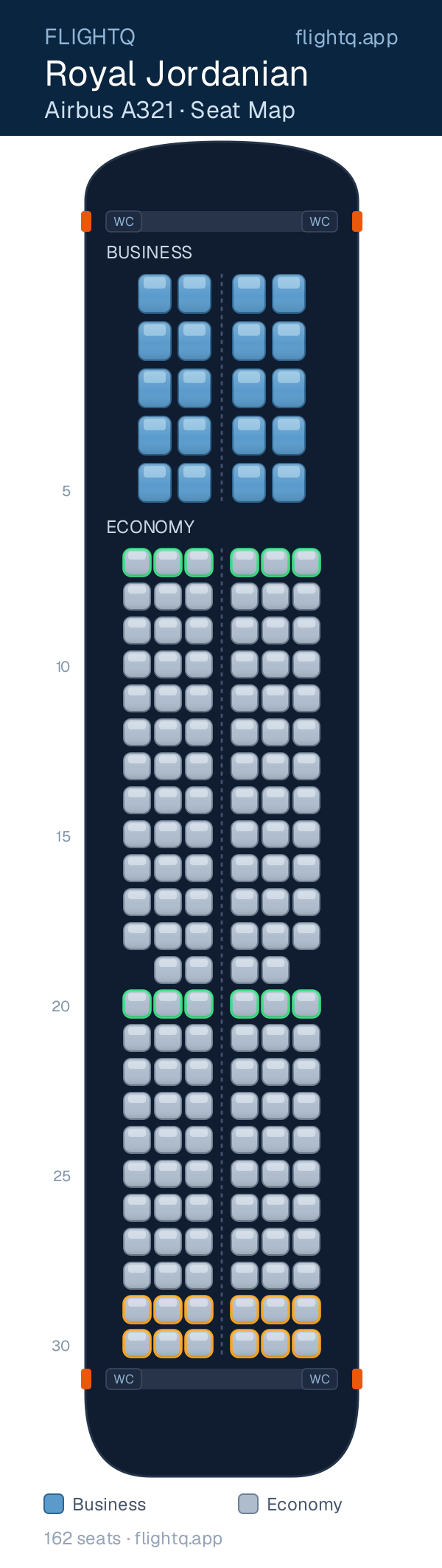 Royal Jordanian Airbus A321 seat map with 162 seats across 2 cabins — best seats and rows to avoid