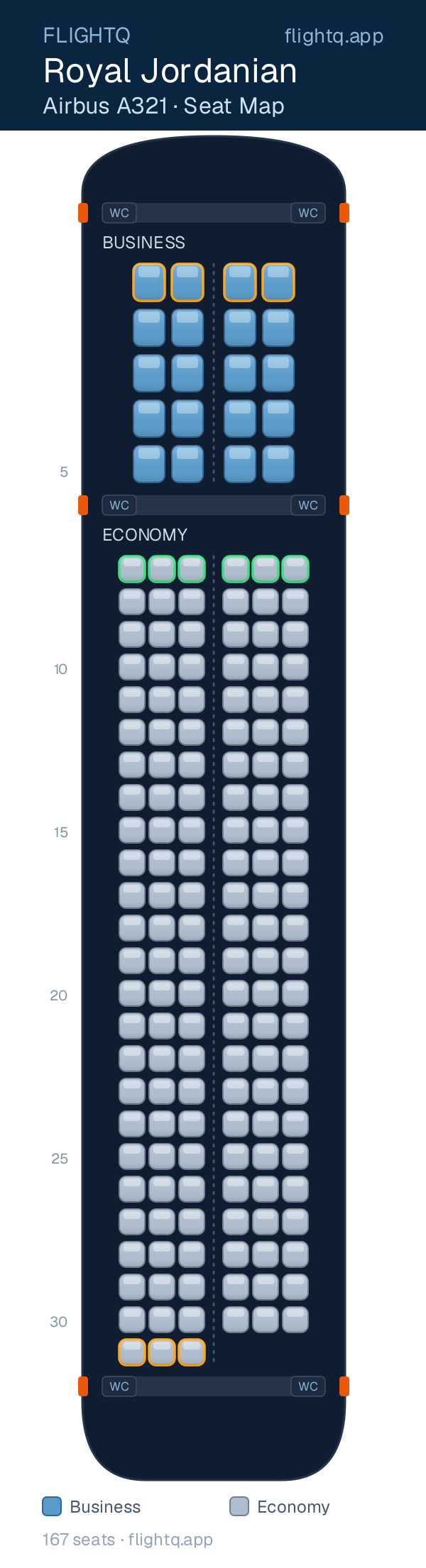 Royal Jordanian Airbus A321 seat map with 167 seats across 2 cabins — best seats and rows to avoid